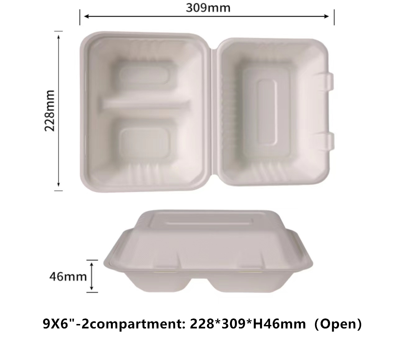 翻盖式 9X6 英寸 2 隔间外卖食品容器 100% 可堆肥一次性外带容器 重型外带盒 环保可生物降解外带食品容器