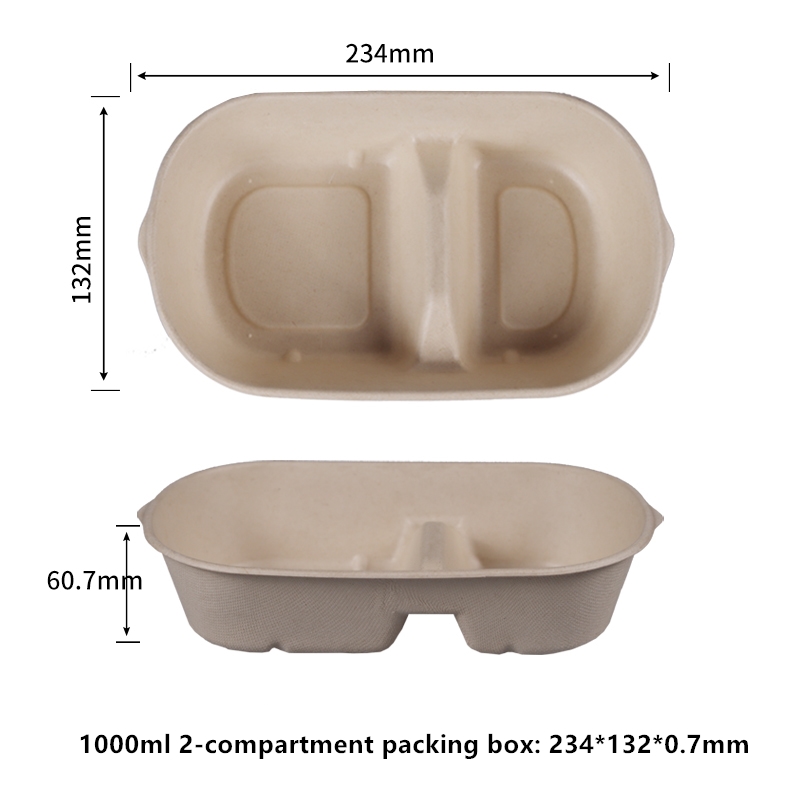替代 100% 可堆肥 1000 毫升 2 室包装盒一次性食品容器环保外卖外带容器重型可生物降解