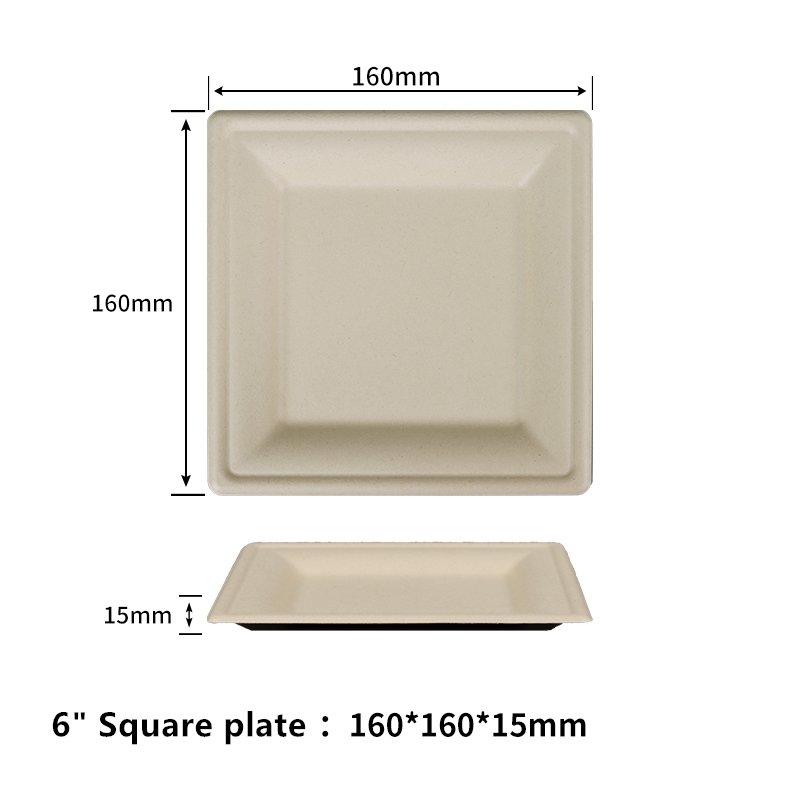 可堆肥方形盘子 6 英寸一次性纸盘环保重型可生物降解甘蔗盘