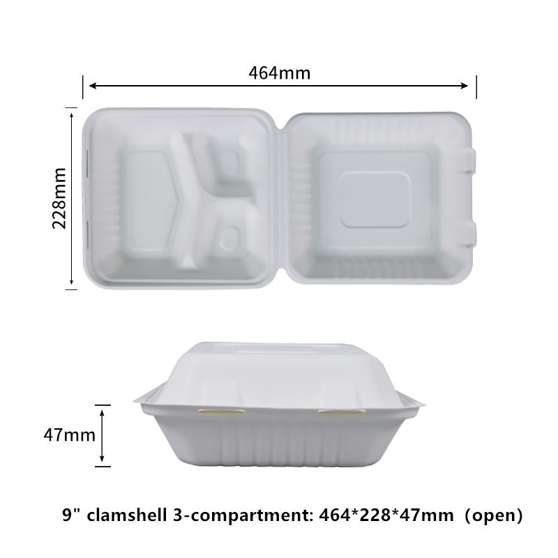 不含 PFAS 100% 家用可堆肥 9 英寸翻盖式 3 隔间一次性外卖食品容器外带容器重型外带盒环保可生物降解由甘蔗纤维制成