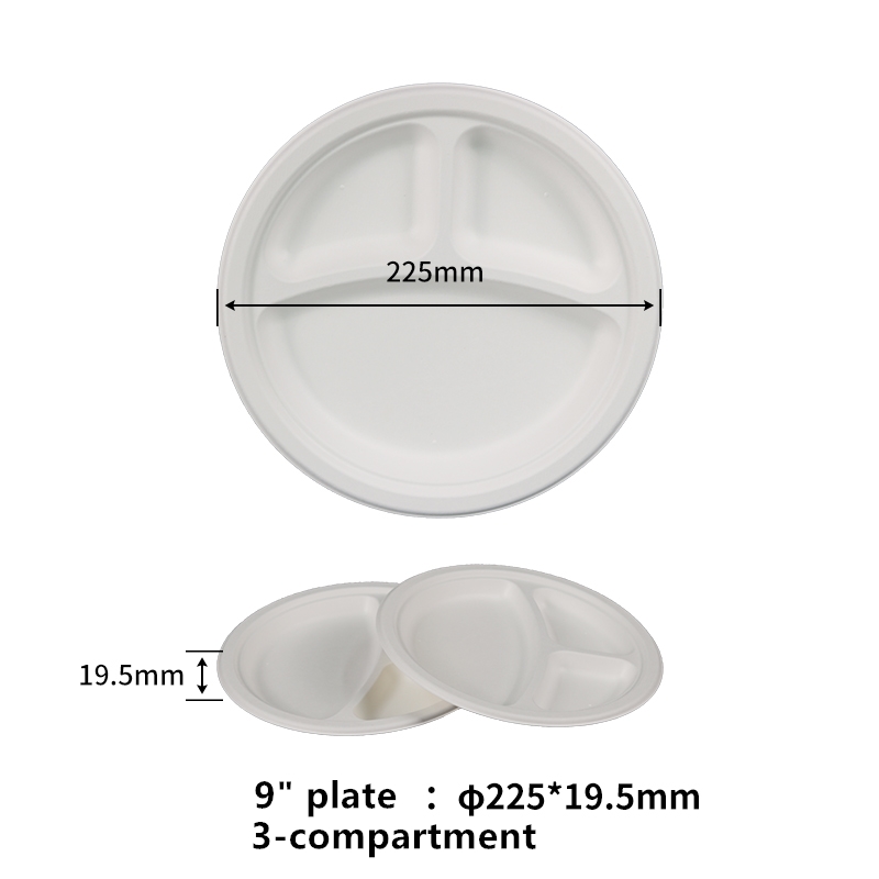 不含 PFAS 100% 可堆肥 9 英寸 3 隔间纸盘 一次性餐盘 甘蔗渣 可微波炉加热