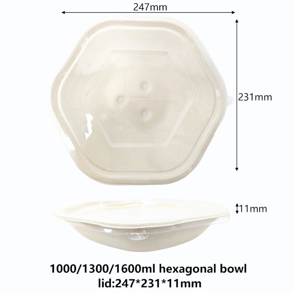 Disposable 1000/1300/1600ML Sugarcane Bagasse Hexagonal Bowl With Plastic Lids Recyclable PET lids - SINCERE